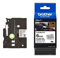 Brother TZe-FX211, Khổ 6mm, Dài 8m, Black On White, Siêu Dẻo, Chống Thấm Nước
