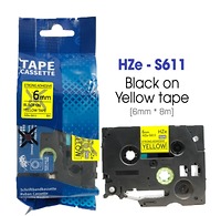 Nhãn In HZe-S611 (TZe-S611, TZ2-S611), 6mm X 8m, Black On Yellow