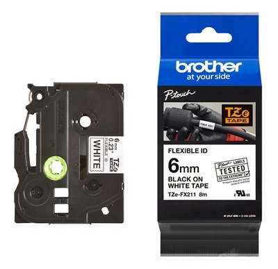 Brother TZe-FX211, Khổ 6mm, Dài 8m, Black On White, Siêu Dẻo, Chống Thấm Nước