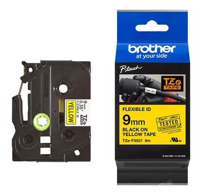 Brother TZe-FX621, Khổ 9mm, Dài 8m, Black On Yellow, Siêu Dẻo, Chống Thấm Nước