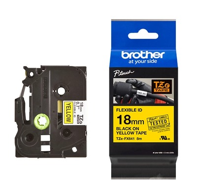 Brother TZe-FX641, Khổ 18mm, Dài 8m, Black On Yellow, Siêu Dẻo, Chống Thấm Nước
