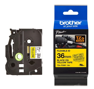 Brother TZe-FX661, Khổ 36mm, Dài 8m, Black On Yellow, Siêu Dẻo, Chống Thấm Nước