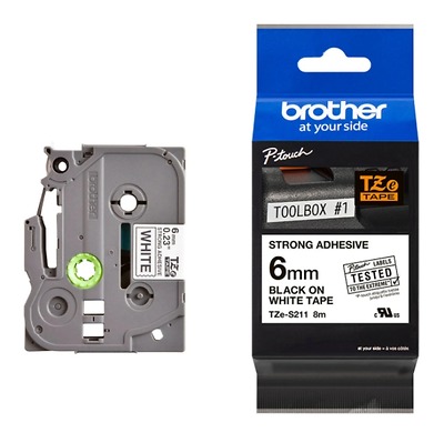 Brother TZe-S211, Khổ 6mm, Dài 8m, Black On White, Siêu Dính, Chống Thấm Nước