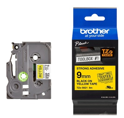 Brother TZe-S621, Khổ 9mm, Dài 8m, Black On Yellow, Siêu Dính, Chống Thấm Nước
