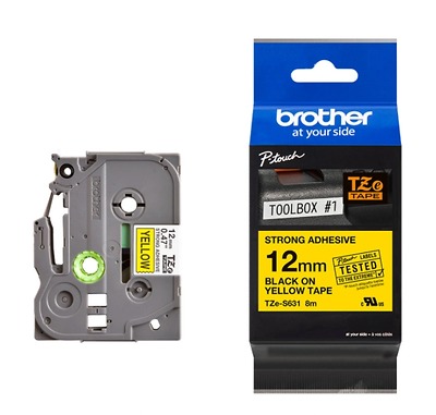 Brother TZe-S631, Khổ 12mm, Dài 8m, Black On Yellow, Siêu Dính, Chống Thấm Nước