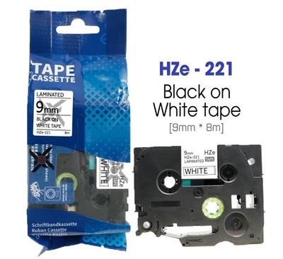 Nhãn In HZe-221 (TZe-221, TZ2-221), 9mm X 8m, Black On White