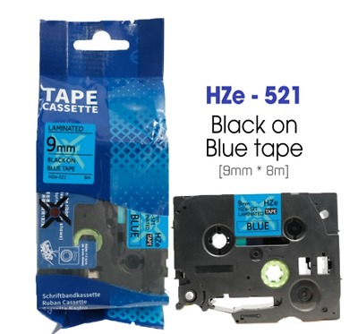 Nhãn In HZe-521 (TZe-521, TZ2-521), 9mm X 8m, Black On Blue