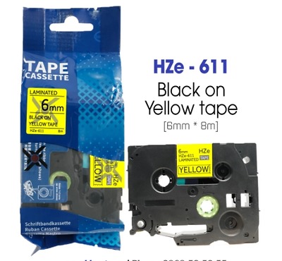 Nhãn In HZe-611 (TZe-611, TZ2-611), 6mm X 8m, Black On Yellow