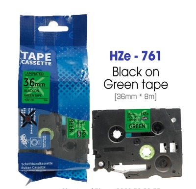 Nhãn In HZe-761 (TZe-761, TZ2-761), 36mm X 8m, Black On Green