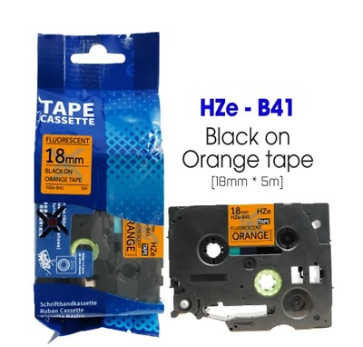 Nhãn In HZe-B41 (TZe-B41, TZ2-B41), 18mm X 8m, Black On Flourescent Orange, Dạ Quang