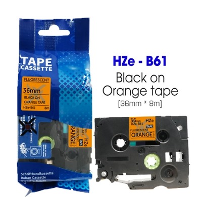 Nhãn In HZe-B61 (TZe-B61, TZ2-B61), 36mm X 8m, Black On Flourescent Orange, Dạ Quang
