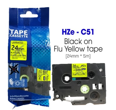 Nhãn In HZe-C51 (TZe-C51, TZ2-C51), 24mm X 8m, Black On Flourescent Yellow, Dạ Quang