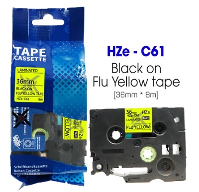Nhãn In HZe-C61 (TZe-BC61, TZ2-C61), 36mm X 8m, Black On Flourescent Yellow, Dạ Quang