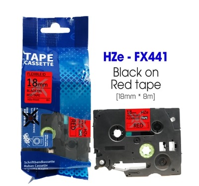 Nhãn In HZe-FX441 (TZe-FX441, TZ2-FX441), 18mm X 8m, Black On Red