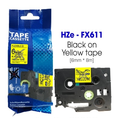 Nhãn In HZe-FX611 (TZe-FX611, TZ2-FX611), 6mm X 8m, Black On Yellow