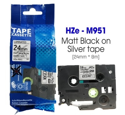 Nhãn In HZe-M951 (TZe-M951, TZ2-M951), 24mm X 8m, Black On Silver Matt