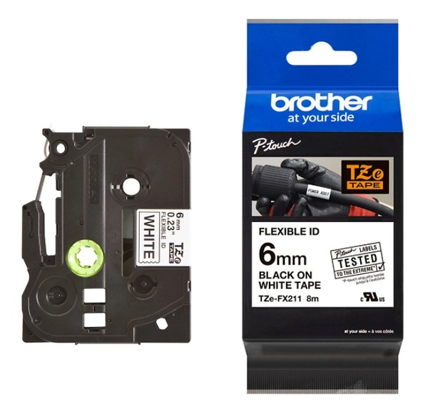 Brother TZe-FX211, Khổ 6mm, Dài 8m, Black On White, Siêu Dẻo, Chống Thấm Nước