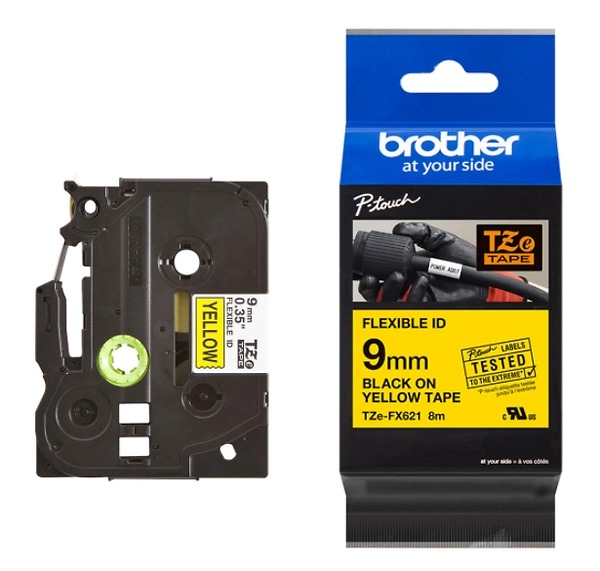 Brother TZe-FX621, Khổ 9mm, Dài 8m, Black On Yellow, Siêu Dẻo, Chống Thấm Nước