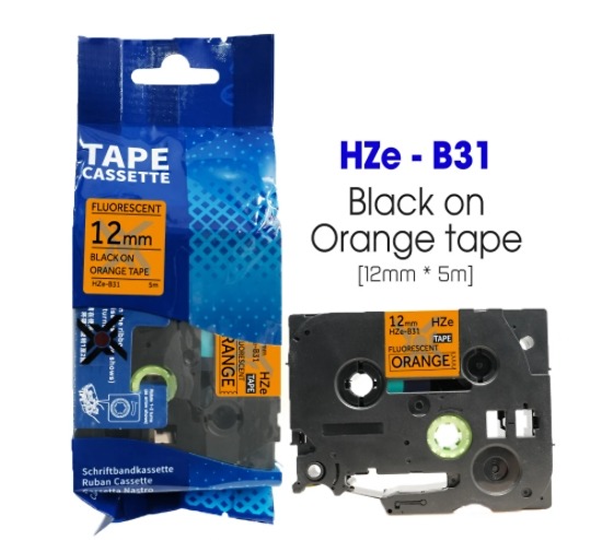 Nhãn In HZe-B31 (TZe-B31, TZ2-B31), 12mm X 8m, Black On Flourescent Orange, Dạ Quang