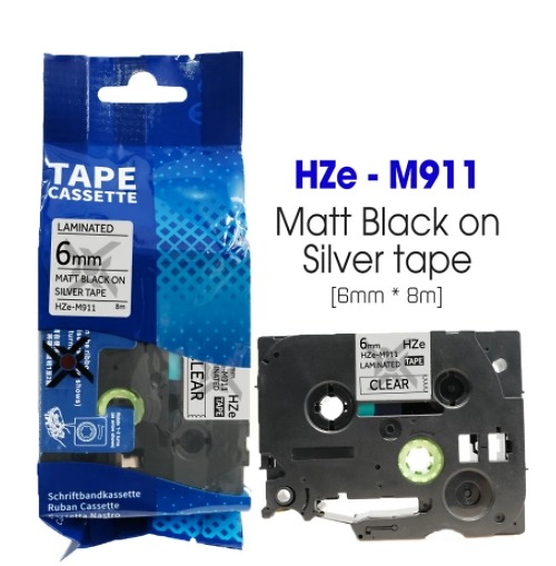 Nhãn In HZe-M911 (TZe-M911, TZ2-M911), 6mm X 8m, Black On Silver Matt
