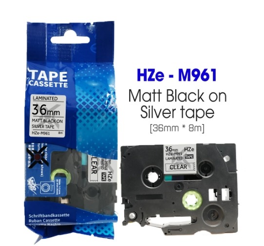 Nhãn In HZe-M961 (TZe-M961, TZ2-M961), 36mm X 8m, Black On Silver Matt